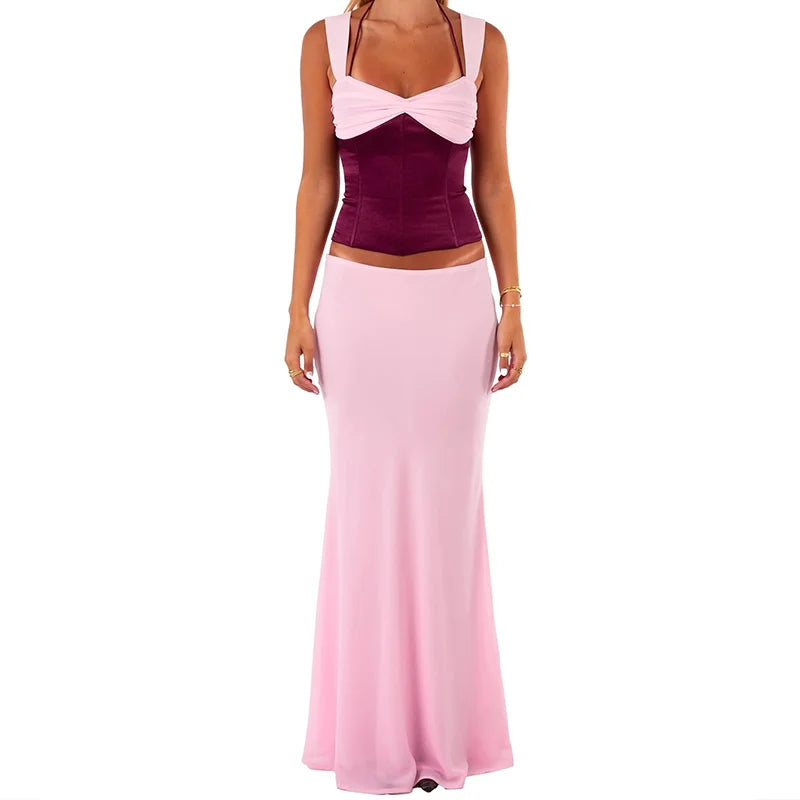 Candyhot Patchwork Sexy Backless Bandage Sleeveless Tops and Elegant Straight Long Skirt Summer  Evening New Women 2 Pieces Set
