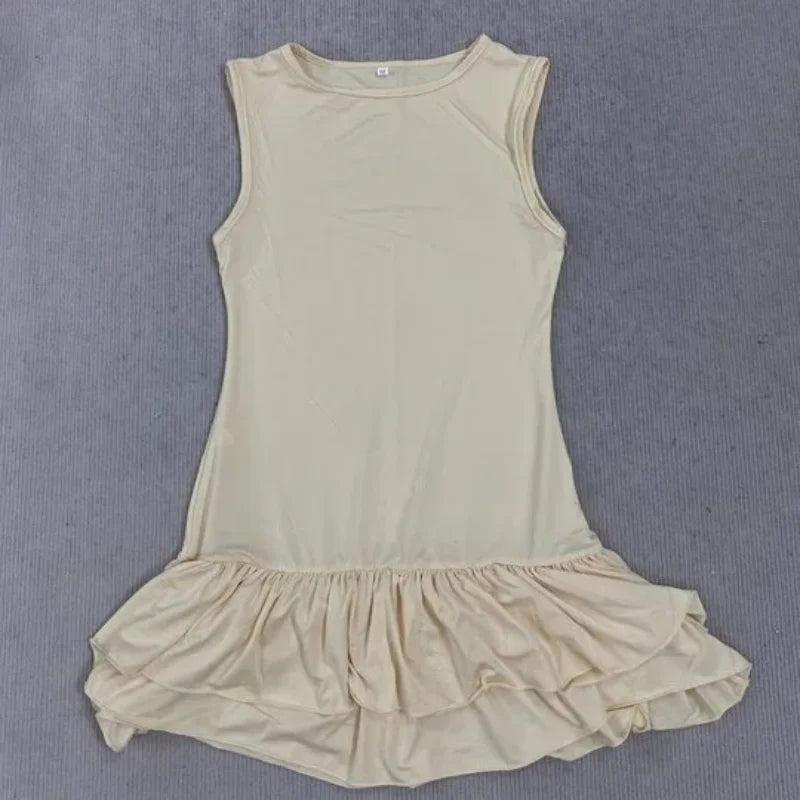 Round Neck Sleeveless Nipped Waist Slim Layered Ruffles Splice Fashion Elegant Solid Color Hot Girl Sexy Vest Mini Women Dress