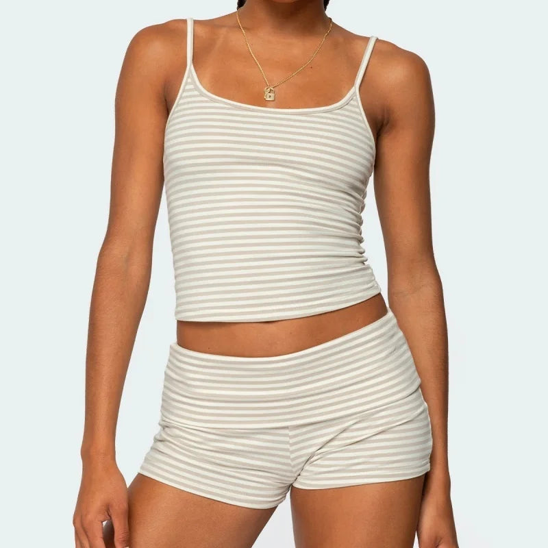 2025 Summer Women 2Piece Outfits Set Y2k Striped Solid Crop Camisole Tops + Folded Elastic Waist Slim Shorts Pajama Loungewear