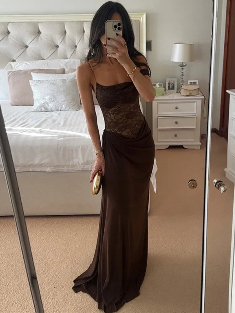 XIAOTANG One Shoulder Lace See Through Sexy Maxi Dress Women Gown Fashion Off-shoulder Sleeveless Backless Club Long Dresses