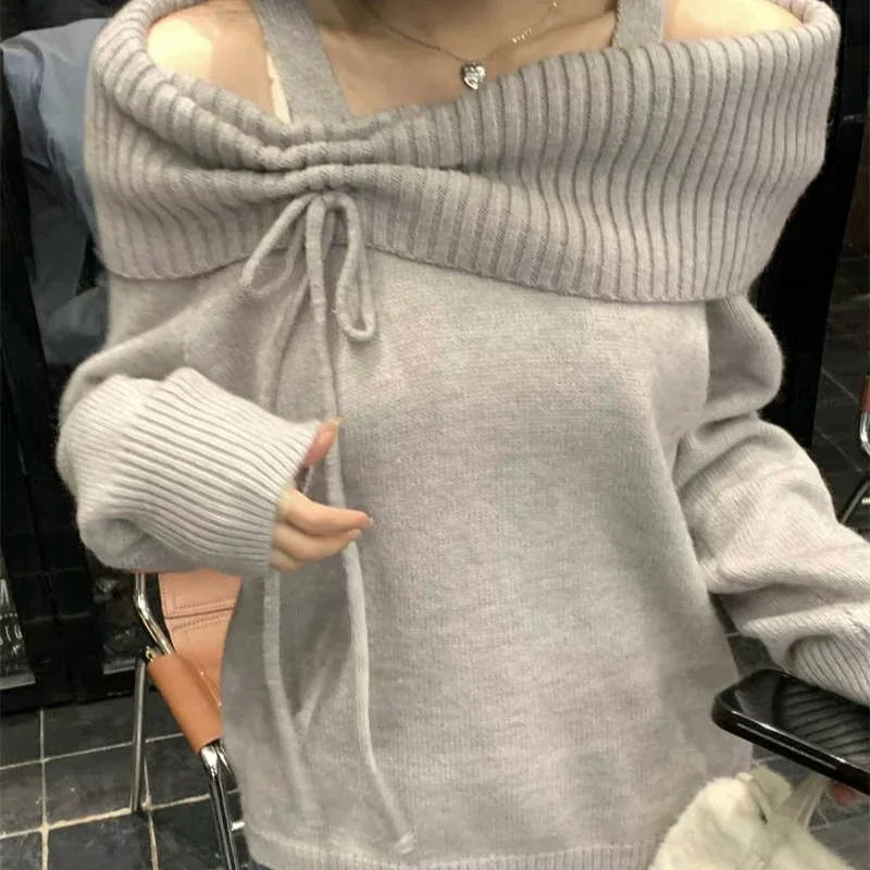 Deeptown Korean Style Coquette Knitwear Pullovers Women Sweet Slash Neck Long Sleeve Sweaters Autumn Winter 2000s Grey Jumper