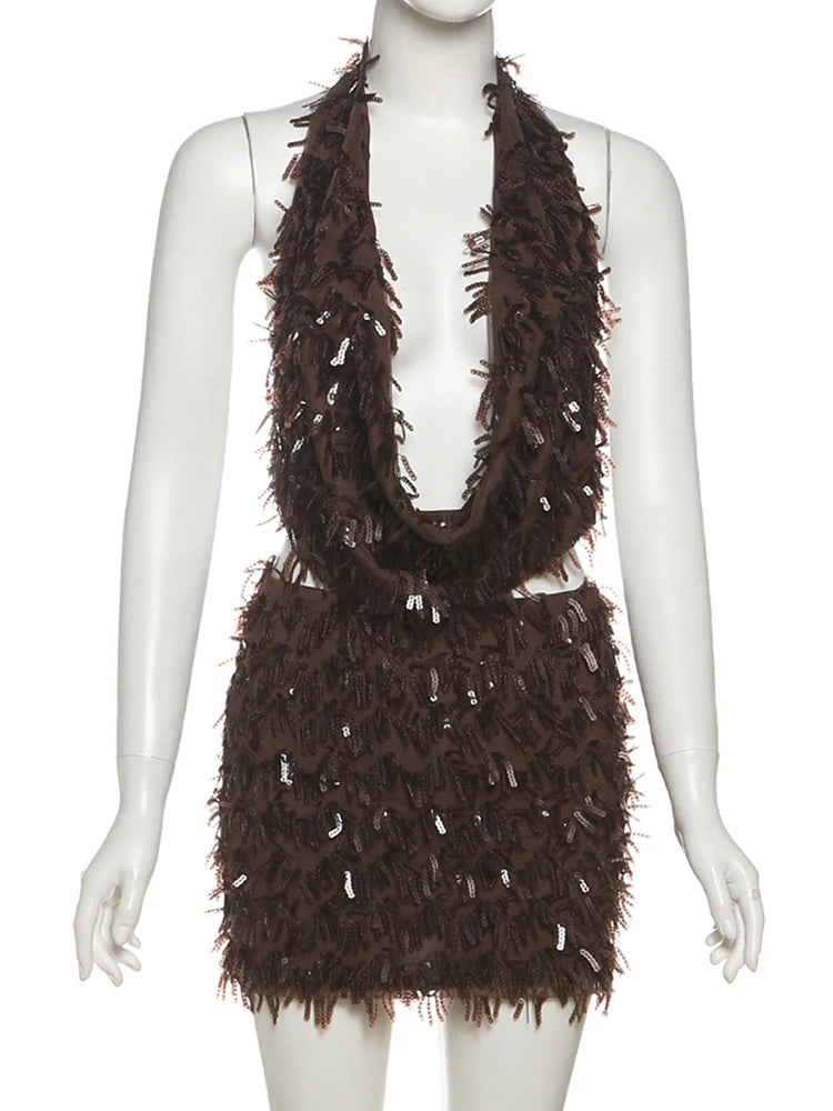 Weird Puss Sequin Tassels 2 Piece Set Women Sexy Swing Collar Tank Tops+Peach Hip Skits Midnight Summer Birthday Party Clubwear