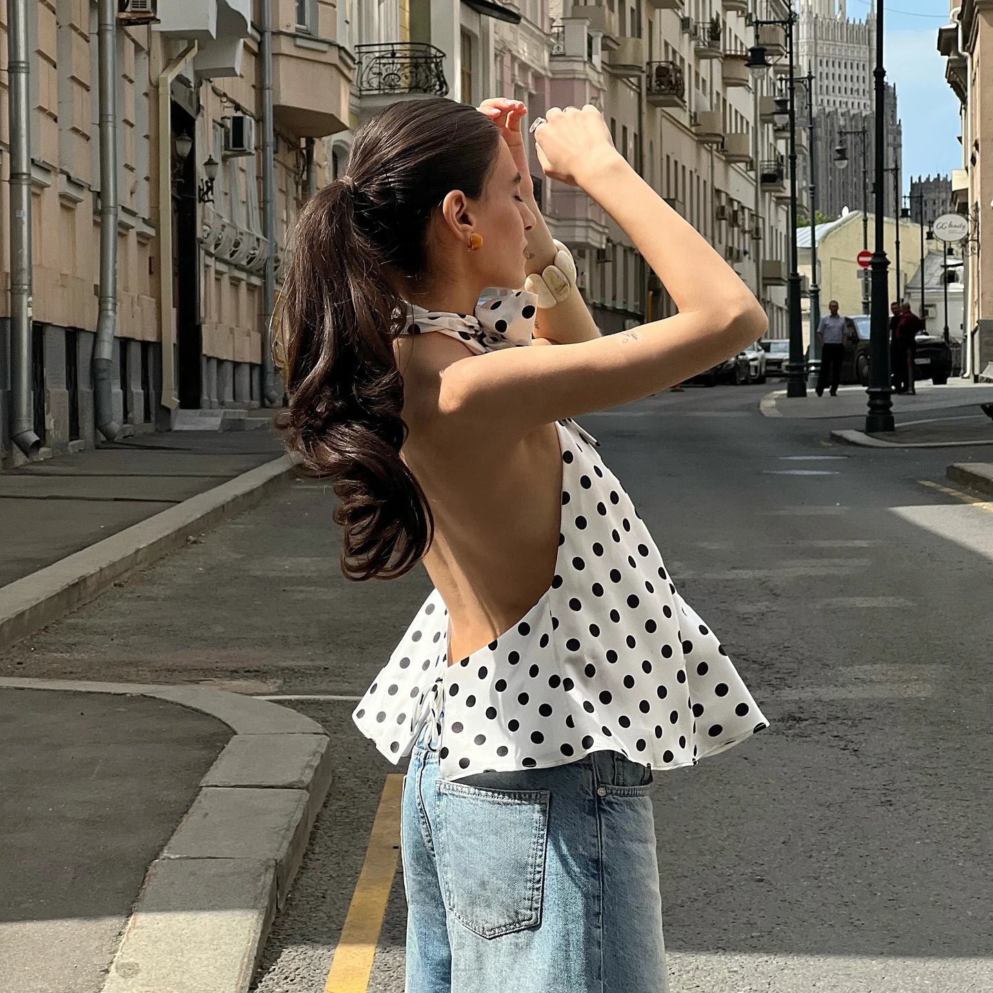 Combhasaki Women Summer Vintage Polka Dot Print Ruffle Vest Big Bow Tied Halter Choker Neck Tied Backless Silky Sleeveless Shirt