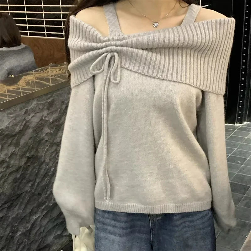 Deeptown Korean Style Coquette Knitwear Pullovers Women Sweet Slash Neck Long Sleeve Sweaters Autumn Winter 2000s Grey Jumper