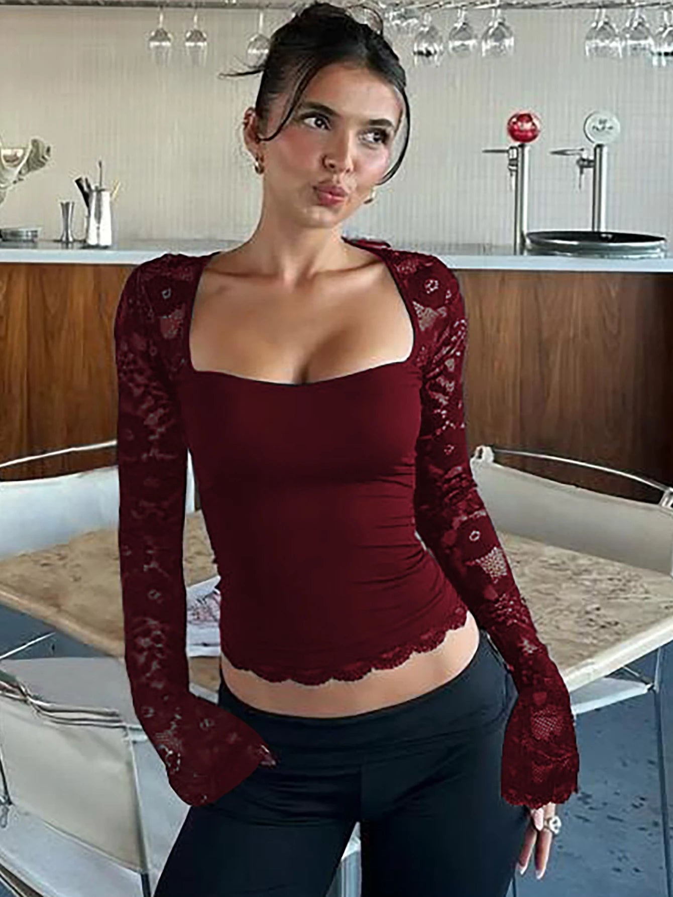 Hugcitar Women Fashion Square Collar Patchwork Lace Floral Print Long Sleeve Sexy Crop T-Shirt Sheer Summer Clothes Party Club