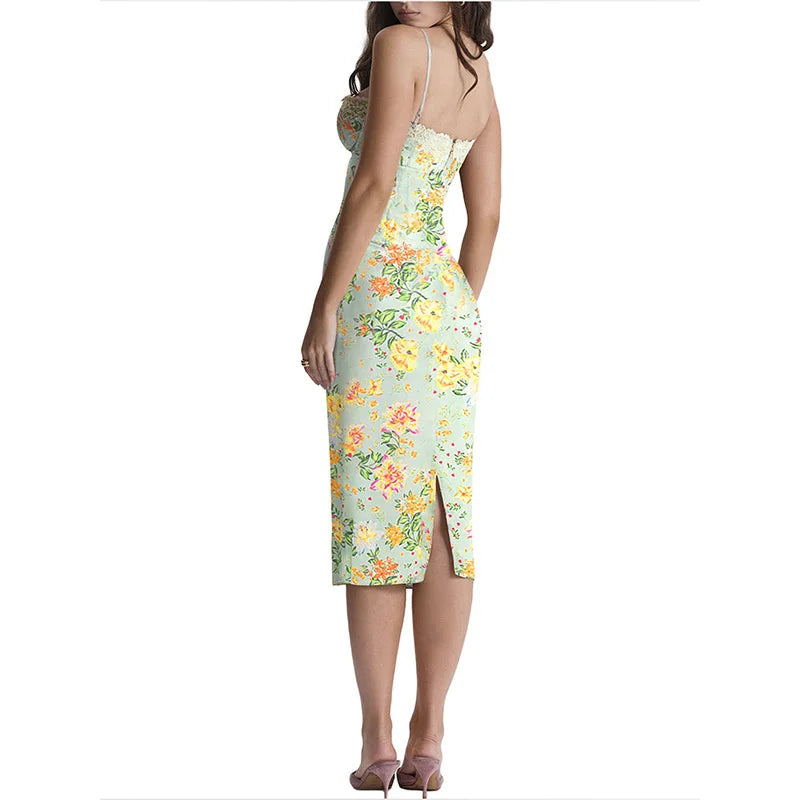 Summer Women Sling Dresses New Streetwear Fashion Print Casual Slim Dress Female Sexy Lace Backless Split Knitted Dress Clothing