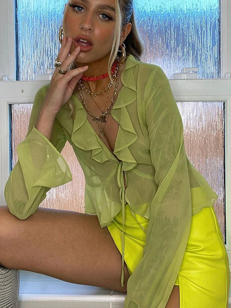Hugcitar 2025 Women Fungus Lace Solid See Through Silk Flare Sleeve V Neck Crop Tank Fashion Casual Sweet Girl Top