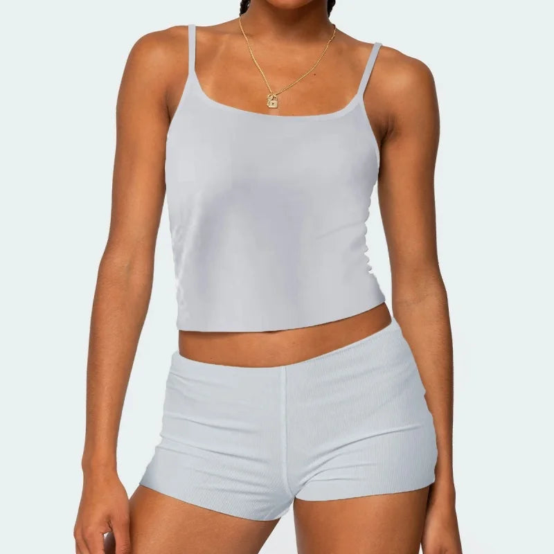 2025 Summer Women 2Piece Outfits Set Y2k Striped Solid Crop Camisole Tops + Folded Elastic Waist Slim Shorts Pajama Loungewear