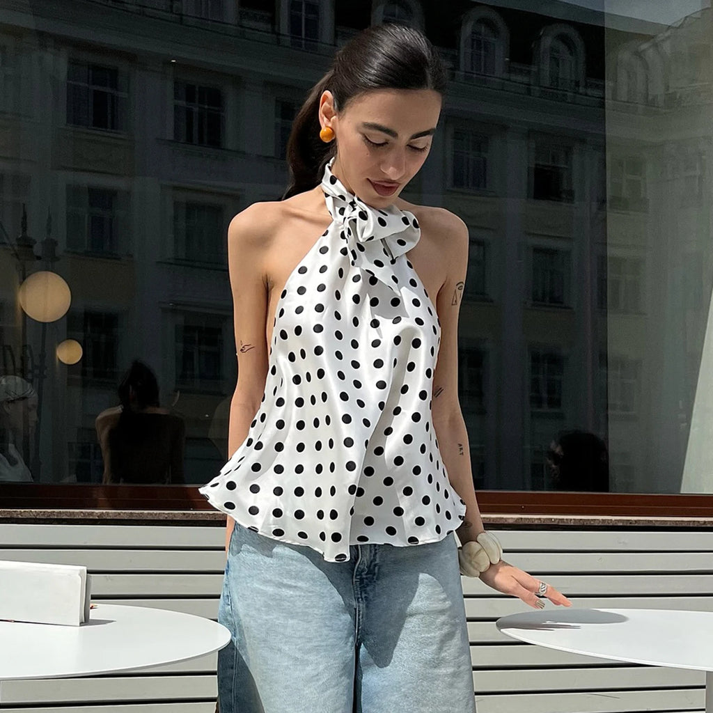 Combhasaki Women Summer Vintage Polka Dot Print Ruffle Vest Big Bow Tied Halter Choker Neck Tied Backless Silky Sleeveless Shirt