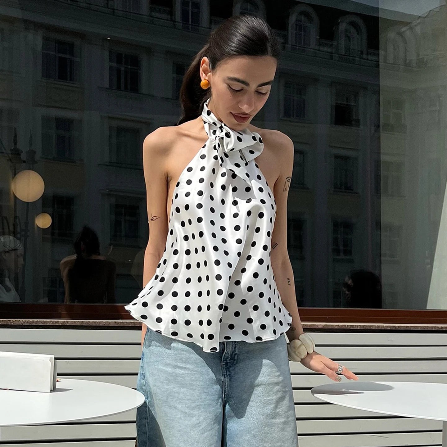 Combhasaki Women Summer Vintage Polka Dot Print Ruffle Vest Big Bow Tied Halter Choker Neck Tied Backless Silky Sleeveless Shirt