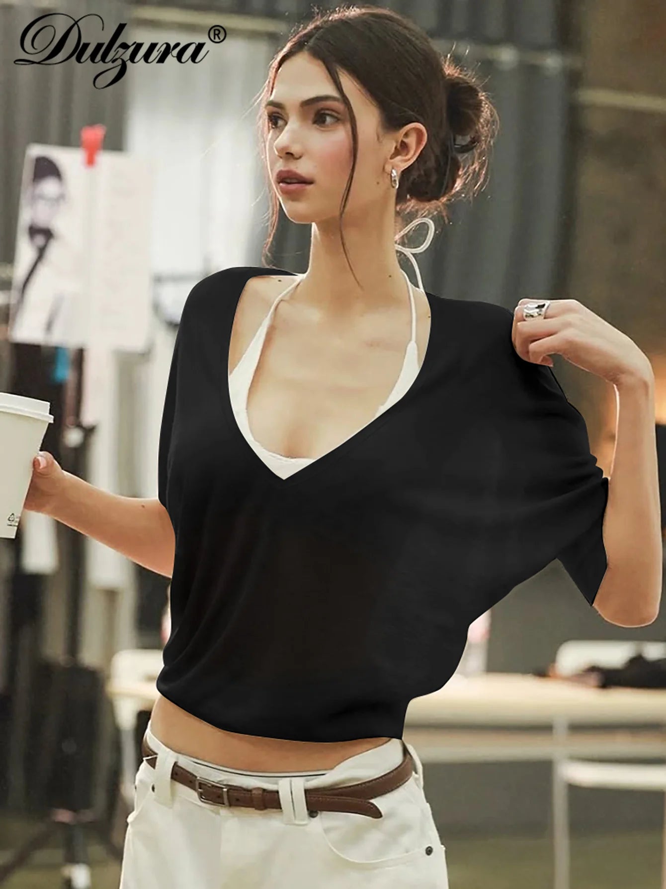 Dulzura 2025 Autumn Latest Fashion Sexy V-Neck Long Sleeve Slim Fit T-Shirt Women'S Solid Casual Top Party Club Street Clothes