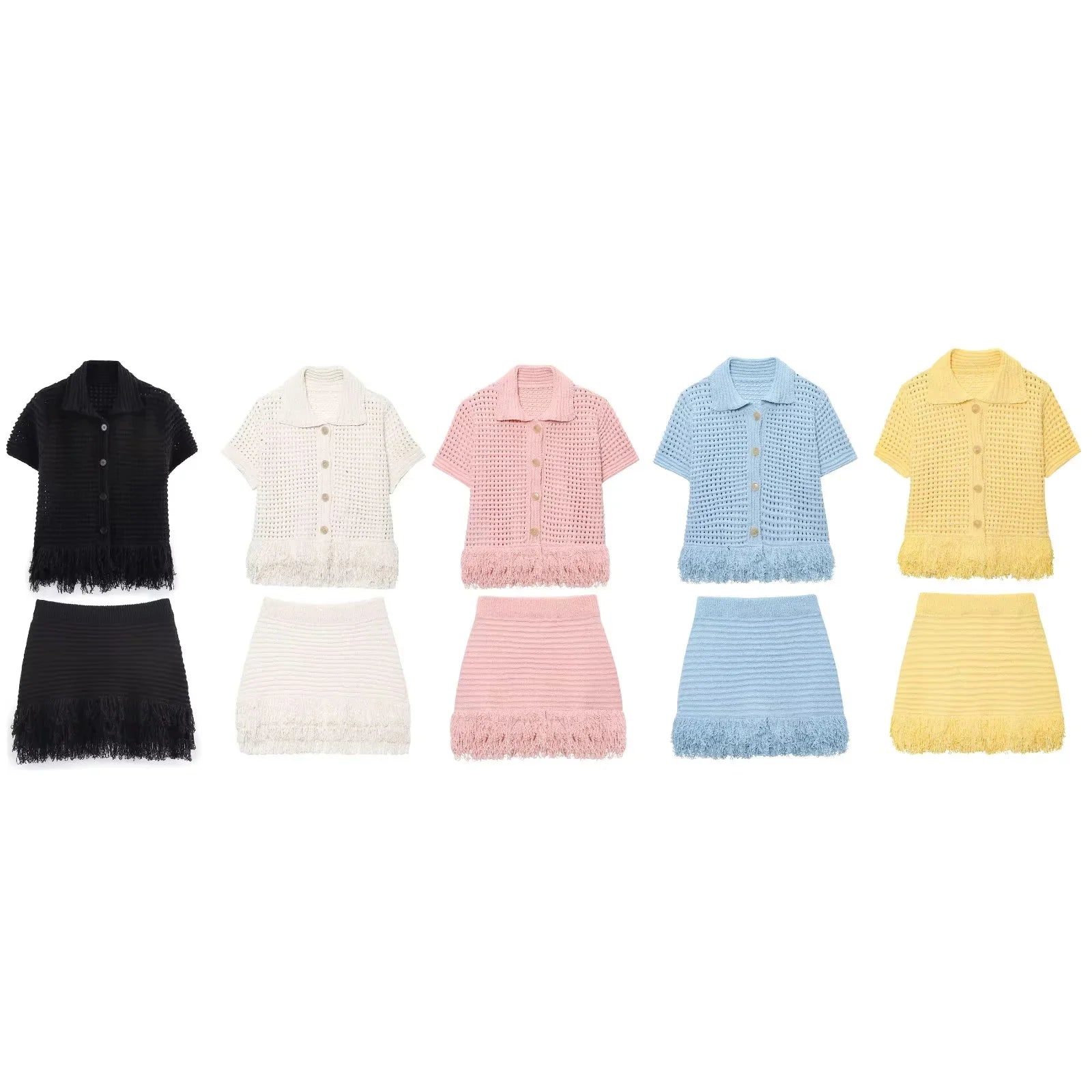 KONDALA 2025 Fall Winter Elegant Knitted Tassel Solid Women Suit Chic Turndown Collar Hollow Out Shirt Elastic Wasit Mini Skirt