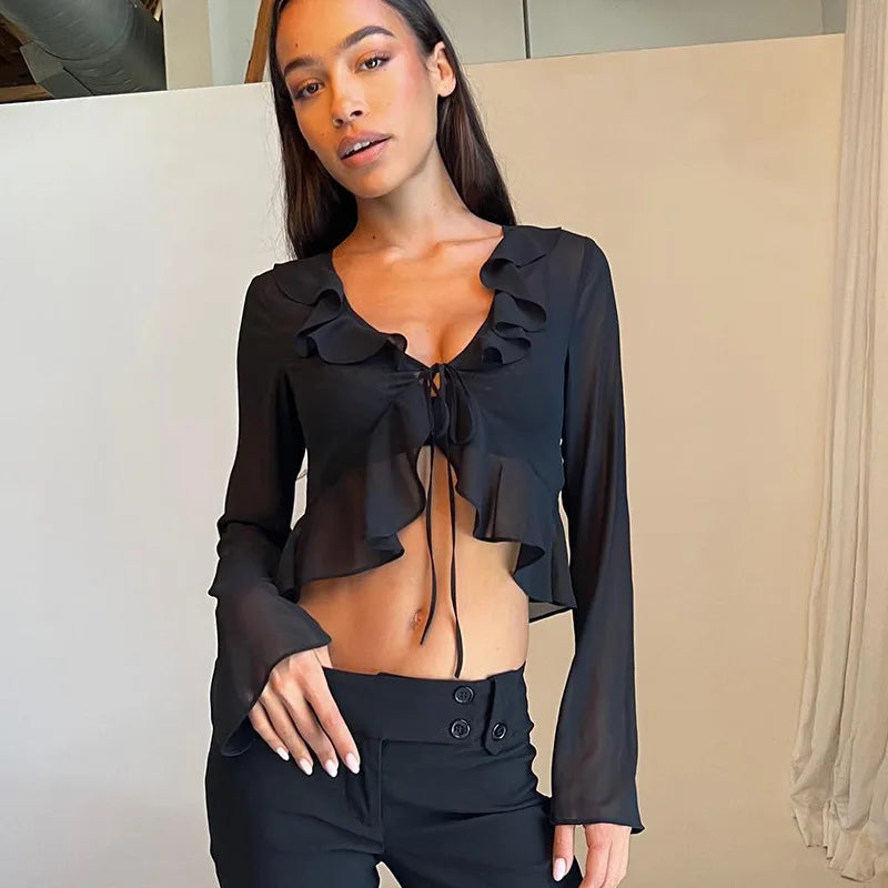 Hugcitar 2025 Women Fungus Lace Solid See Through Silk Flare Sleeve V Neck Crop Tank Fashion Casual Sweet Girl Top