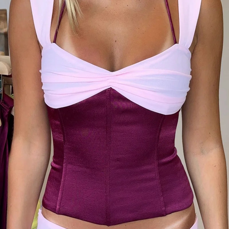 Candyhot Patchwork Sexy Backless Bandage Sleeveless Tops and Elegant Straight Long Skirt Summer  Evening New Women 2 Pieces Set