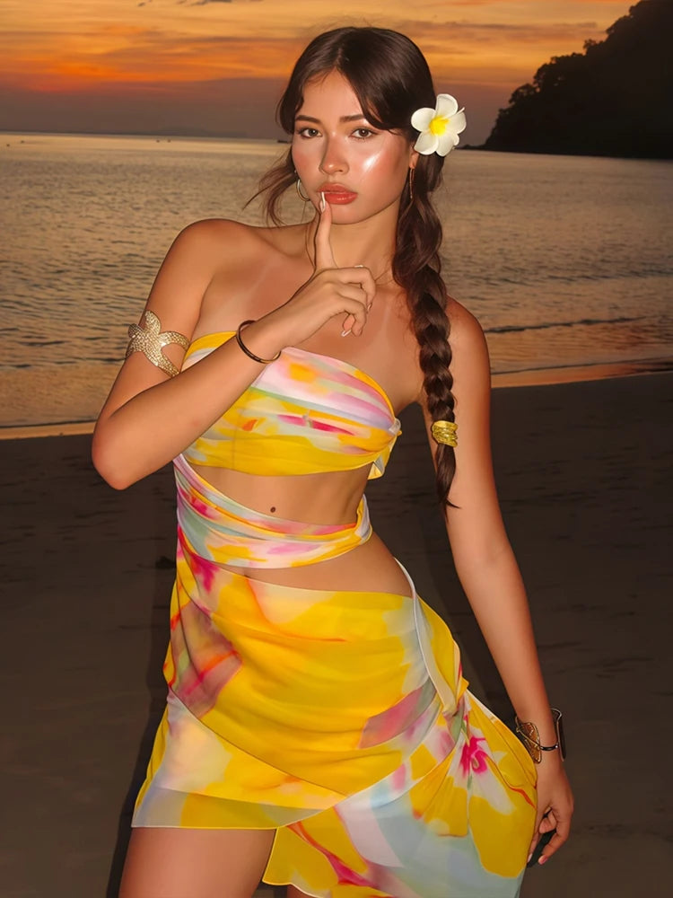 Nibber Mesh Colorful Print Strapless Dress Women Thin Irregular Multilayer  Side Knot Hollow Beach Vacation Club Mini Bodycon