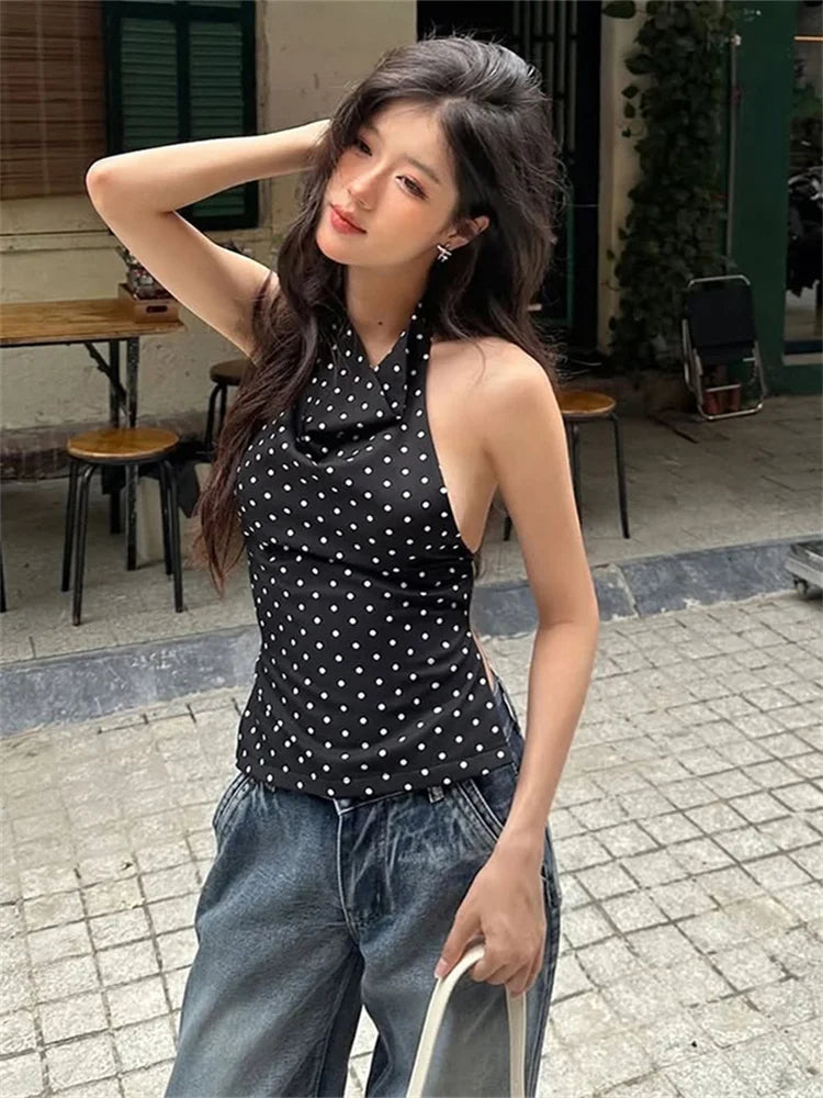 Weird Pusss Polka Dot Print Tank Tops Women Halter Backless Skinny Sexy Summer Trend Hottie Street Midnight Coquette Party Vest
