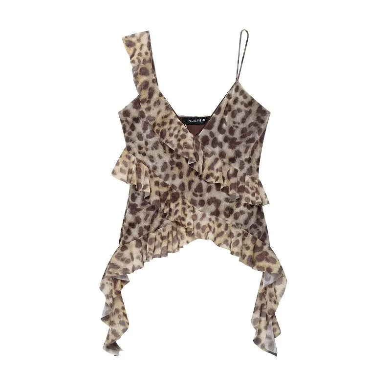 MUJER Print Ruffle Tulle Top Women Leopard Backless Tops Woman 2025 Summer Camisole Beach Top Female Sleeveless Tops for Women
