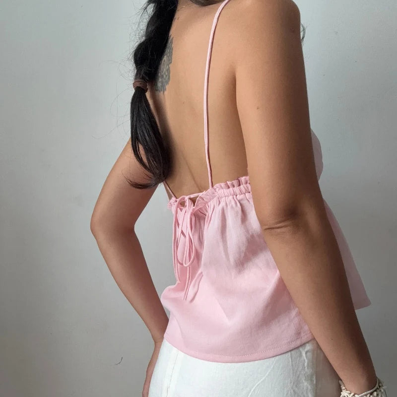 WhereMery Sexy Off Shoulder V-neck Backless Solid Crop Tops Y2K Casual Sleeveless Slim Tank Top Fashion New Daily Women Camisole
