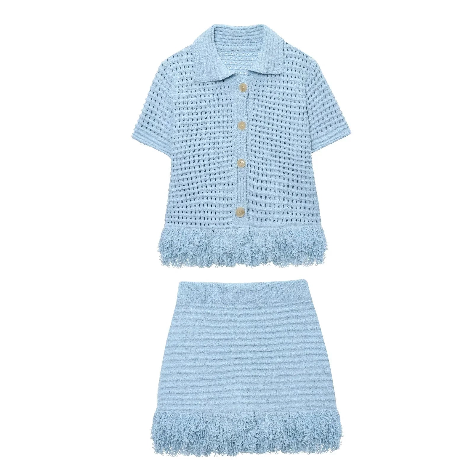 KONDALA 2025 Fall Winter Elegant Knitted Tassel Solid Women Suit Chic Turndown Collar Hollow Out Shirt Elastic Wasit Mini Skirt