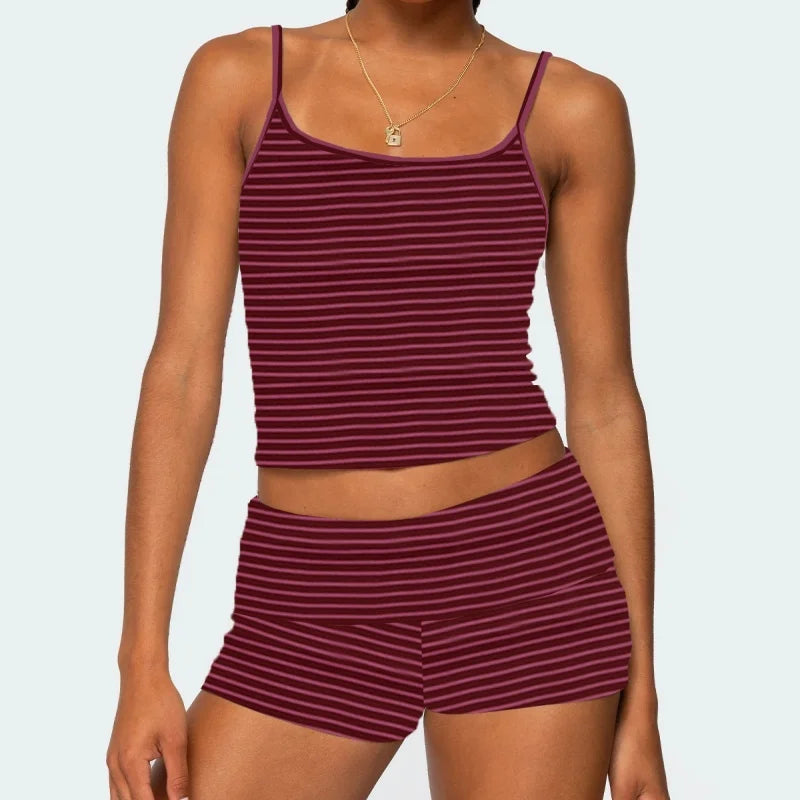 2025 Summer Women 2Piece Outfits Set Y2k Striped Solid Crop Camisole Tops + Folded Elastic Waist Slim Shorts Pajama Loungewear