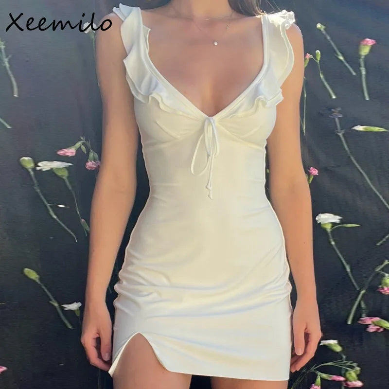 WhereMery Fashion Women Backless Sleeveless V-Neck Dress Elegant Ruffle Split Mini Summer 2024 Slim Party Clubwear Sexy Vestidos