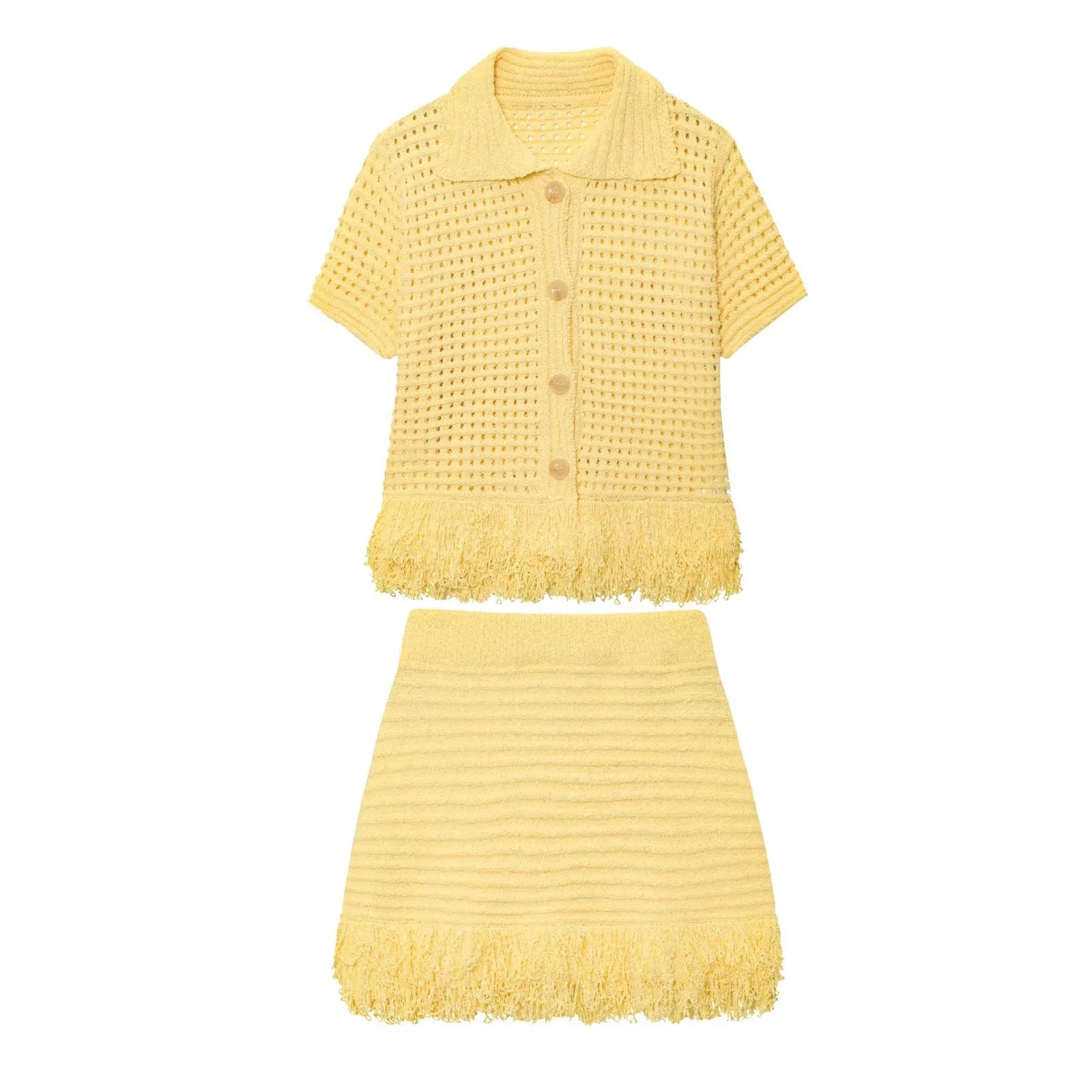 KONDALA 2025 Fall Winter Elegant Knitted Tassel Solid Women Suit Chic Turndown Collar Hollow Out Shirt Elastic Wasit Mini Skirt