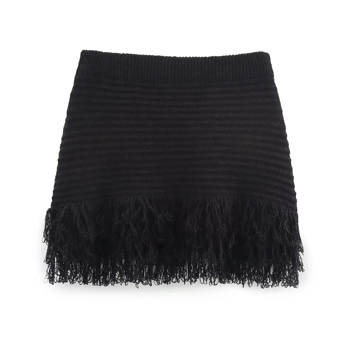 KONDALA 2025 Fall Winter Elegant Knitted Tassel Solid Women Suit Chic Turndown Collar Hollow Out Shirt Elastic Wasit Mini Skirt