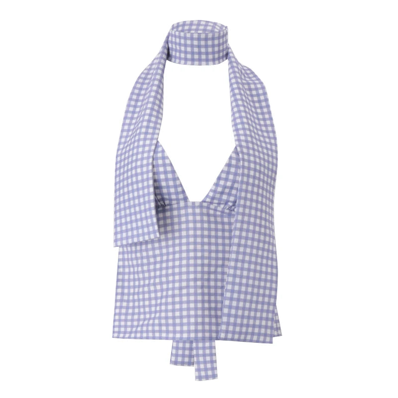 WhereMery Women's Summer Vintage Y2K Crop Tops Slim Low Cut Sleeveless Open Back Tie-up V-neck Halter Vest With Scarf Streetwear