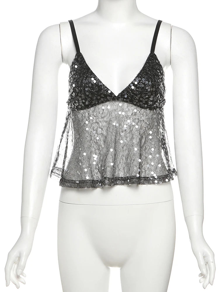 Nibber Sequins Patchwork Mesh Camisole Women v-Neck Sexy Backless Summer Trend Street Midnight Versatile Hottie Classic Tops