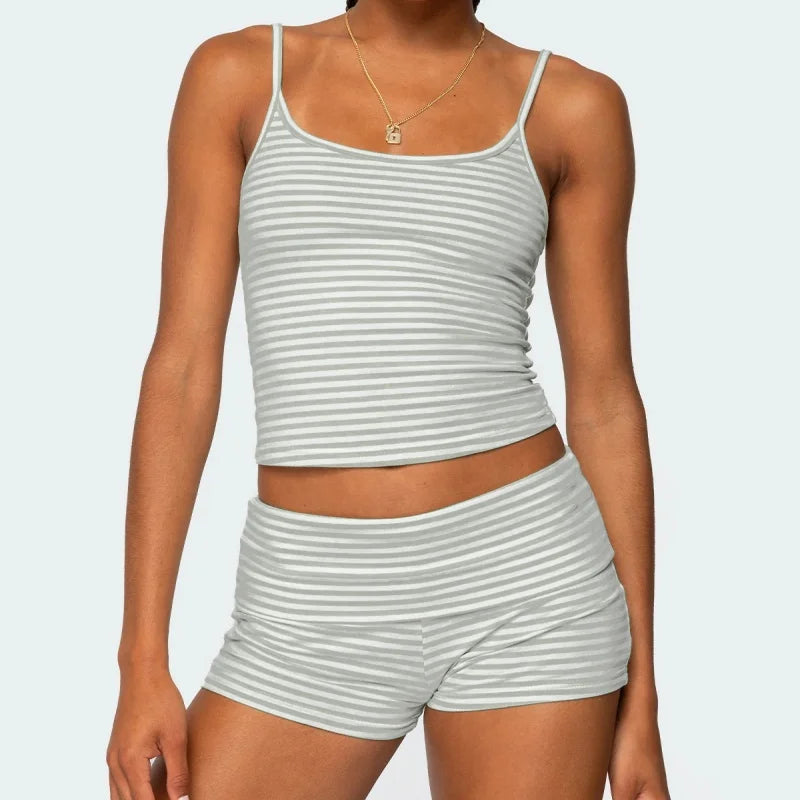 2025 Summer Women 2Piece Outfits Set Y2k Striped Solid Crop Camisole Tops + Folded Elastic Waist Slim Shorts Pajama Loungewear
