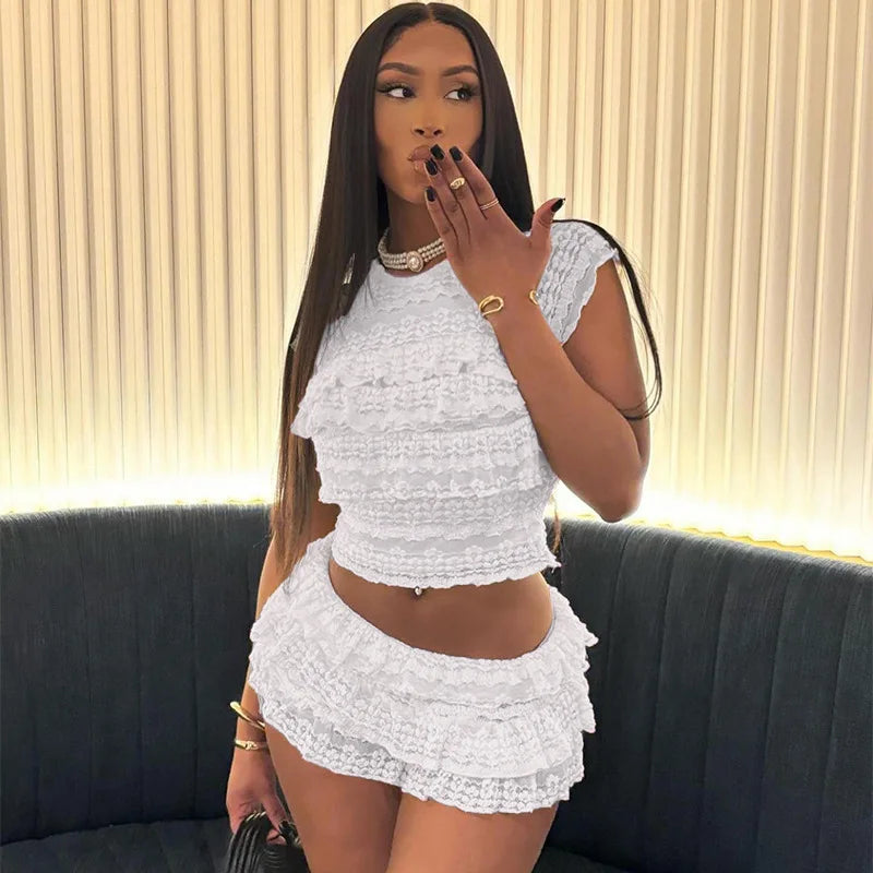 Weird Puss Sexy Tierred Women 2Piece Set Summer Elegant Thin Ruffles Tnak Top+Shorts Skirts Midnight Concert Party Matching Suit