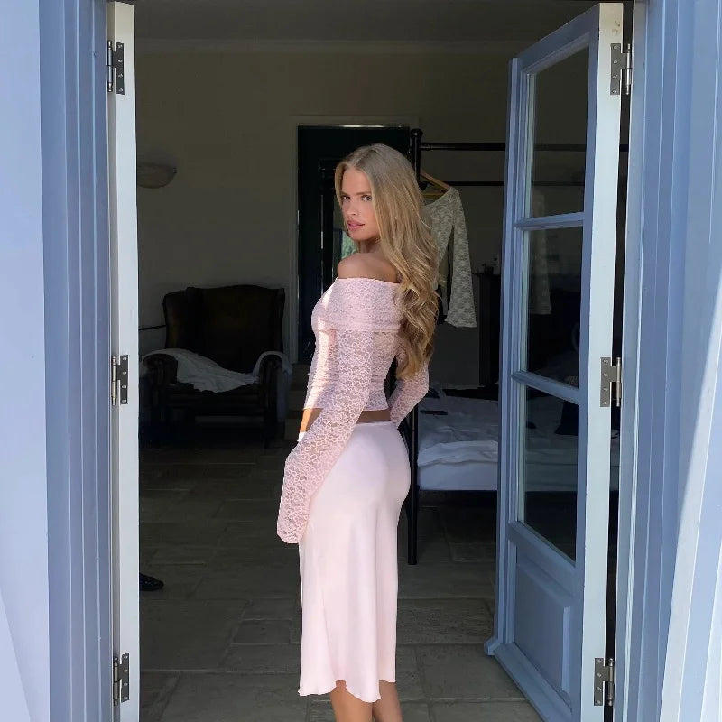 Candyhot Elegant Off Shoulder Lace Long Sleeve Solid Color Tank Top + Casual Bodycon Midi Skirt Fall Vacation Beach 2 Piece Set