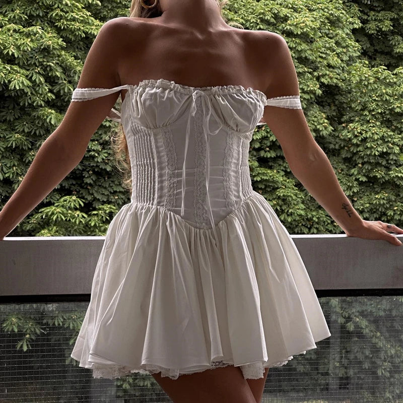 WhereMery Elegant Women Aesthetic  Pleated Mini Dress Y2K White Sleeveless Square-neck Lace-up Off Shoulder Autumn Party Dresses