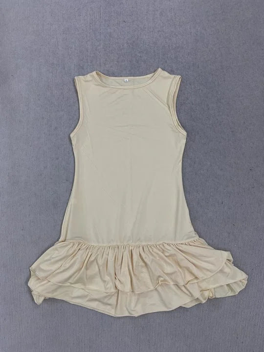 Round Neck Sleeveless Nipped Waist Slim Layered Ruffles Splice Fashion Elegant Solid Color Hot Girl Sexy Vest Mini Women Dress