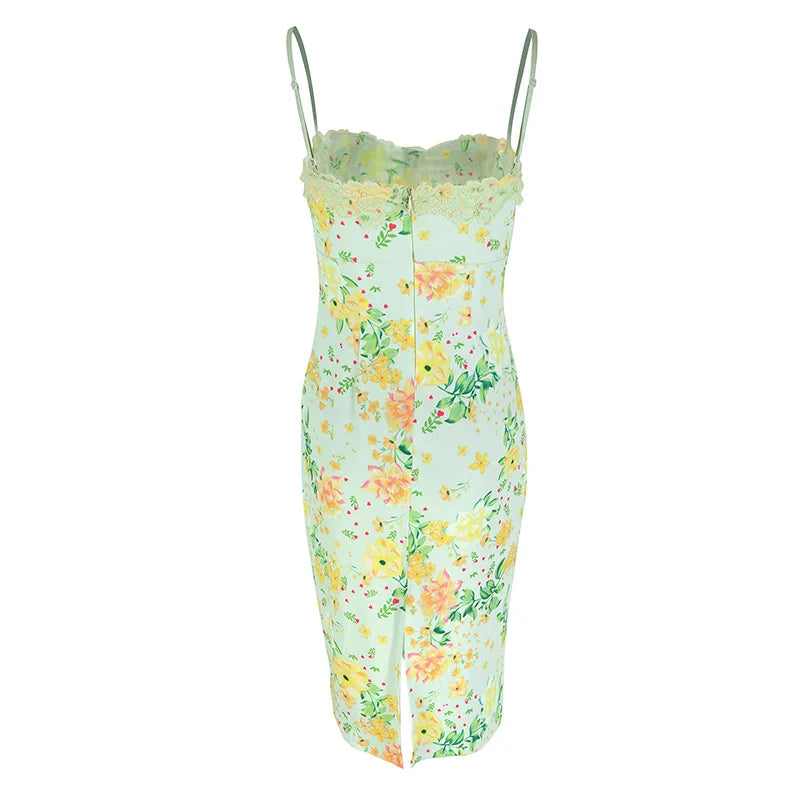 Summer Women Sling Dresses New Streetwear Fashion Print Casual Slim Dress Female Sexy Lace Backless Split Knitted Dress Clothing