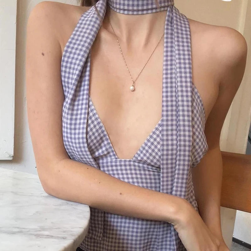 WhereMery Women's Summer Vintage Y2K Crop Tops Slim Low Cut Sleeveless Open Back Tie-up V-neck Halter Vest With Scarf Streetwear