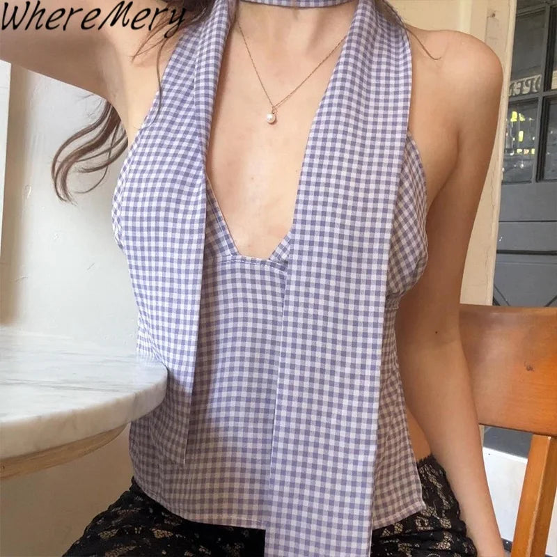WhereMery Women's Summer Vintage Y2K Crop Tops Slim Low Cut Sleeveless Open Back Tie-up V-neck Halter Vest With Scarf Streetwear