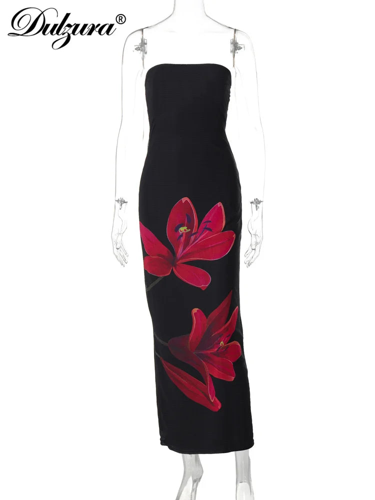 Dulzura Sleeveless Flower Print Tube Bodycon Midi Dress Backless Lace Up Elegant Sexy Outfit Party Club Autumn Winter