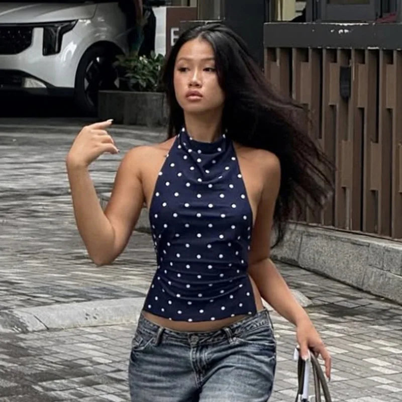 Weird Pusss Polka Dot Print Tank Tops Women Halter Backless Skinny Sexy Summer Trend Hottie Street Midnight Coquette Party Vest