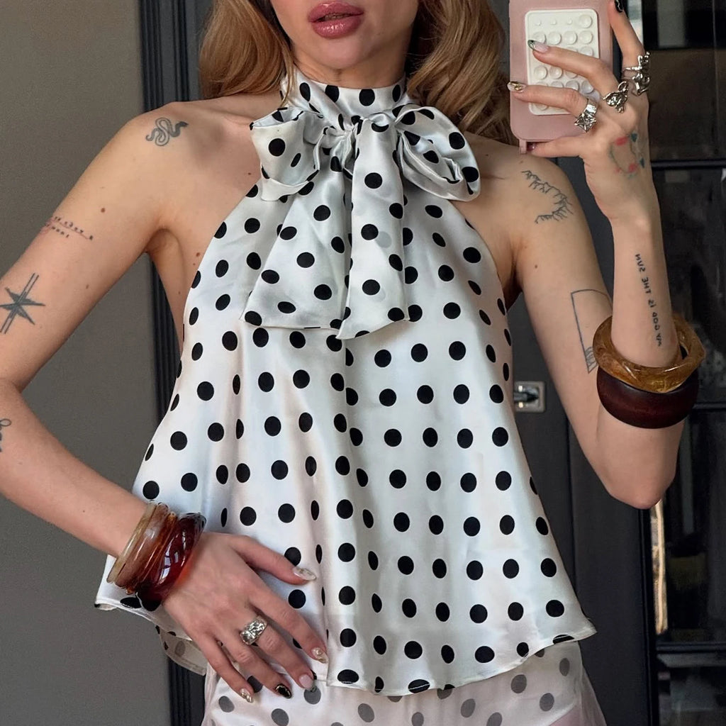 Combhasaki Women Summer Vintage Polka Dot Print Ruffle Vest Big Bow Tied Halter Choker Neck Tied Backless Silky Sleeveless Shirt