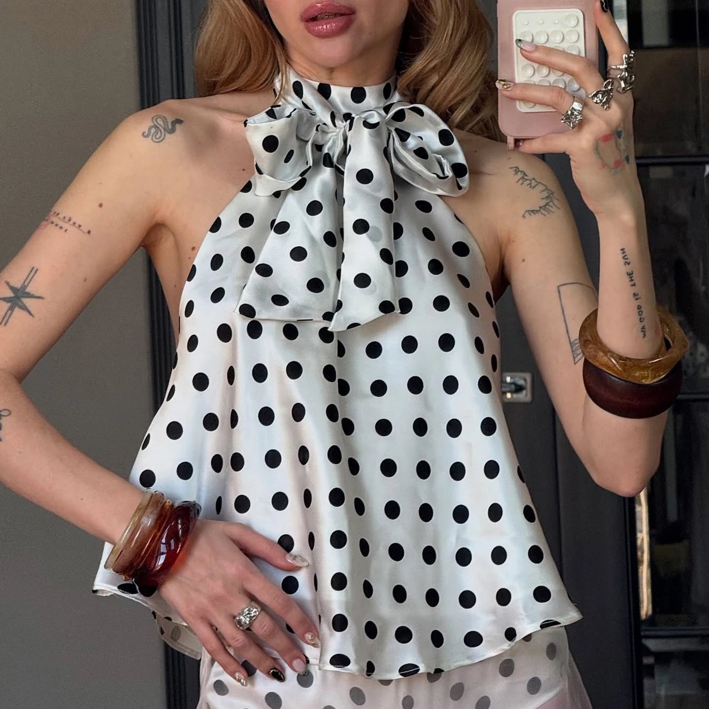 Combhasaki Women Summer Vintage Polka Dot Print Ruffle Vest Big Bow Tied Halter Choker Neck Tied Backless Silky Sleeveless Shirt