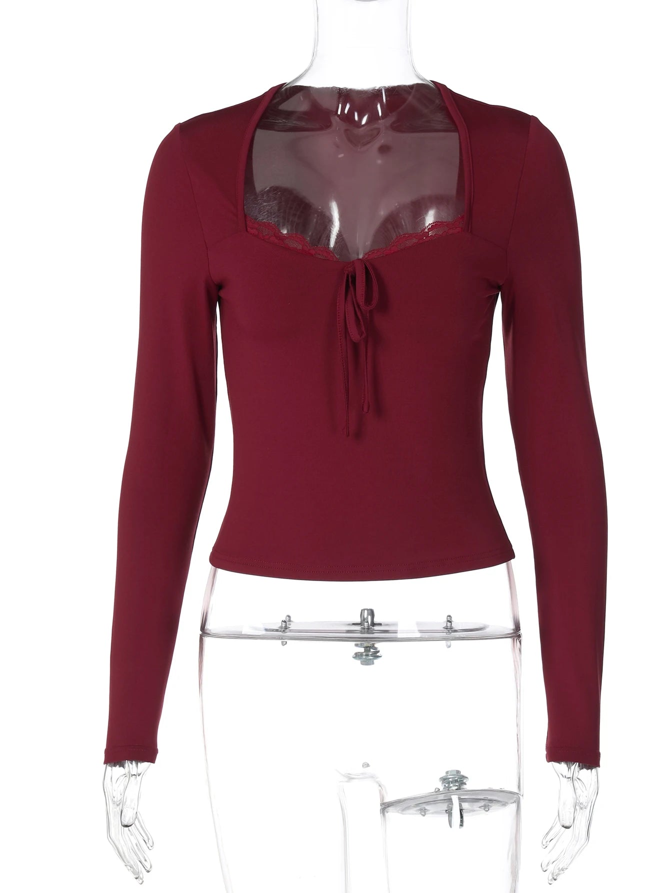 Hugcitar Elegant Long Sleeve Solid Patchwork Lace Bandage Sexy Crop T-Shirt Top Slim Fall Women Clothes Birthday Party Festival