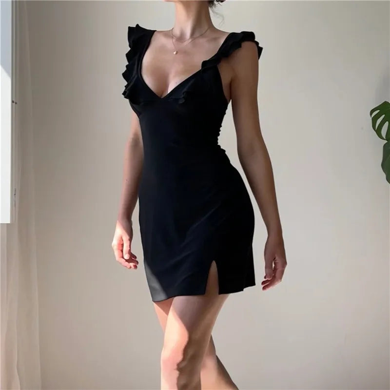 WhereMery Fashion Women Backless Sleeveless V-Neck Dress Elegant Ruffle Split Mini Summer 2024 Slim Party Clubwear Sexy Vestidos