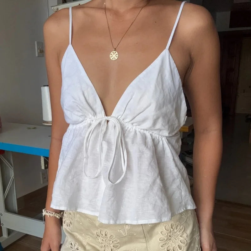 WhereMery Sexy Off Shoulder V-neck Backless Solid Crop Tops Y2K Casual Sleeveless Slim Tank Top Fashion New Daily Women Camisole