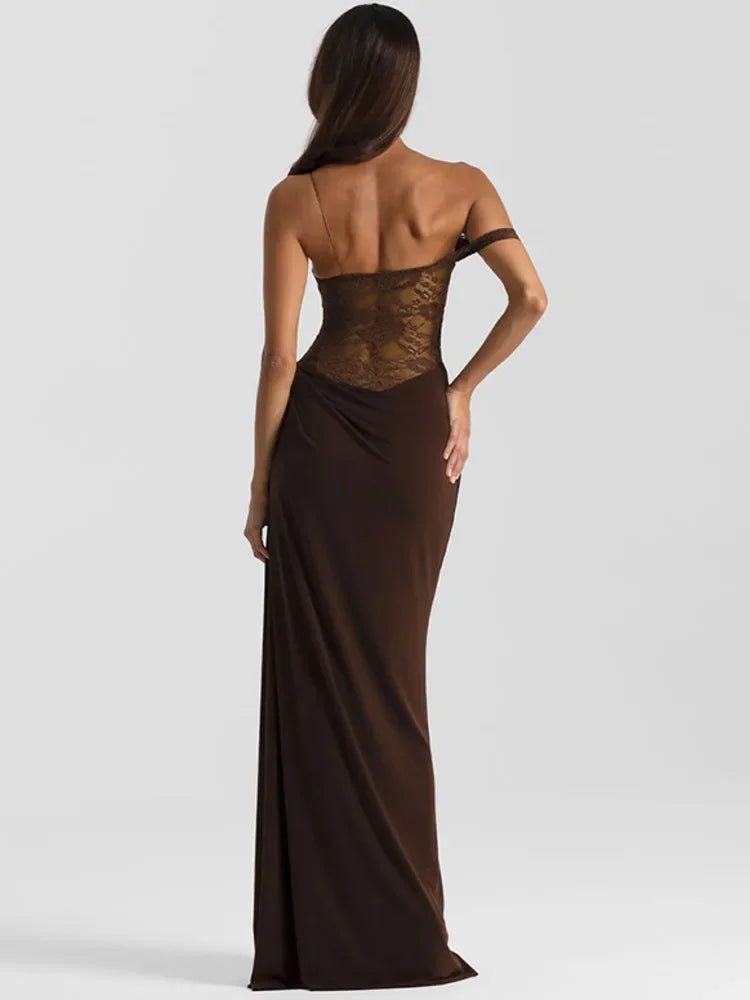 XIAOTANG One Shoulder Lace See Through Sexy Maxi Dress Women Gown Fashion Off-shoulder Sleeveless Backless Club Long Dresses