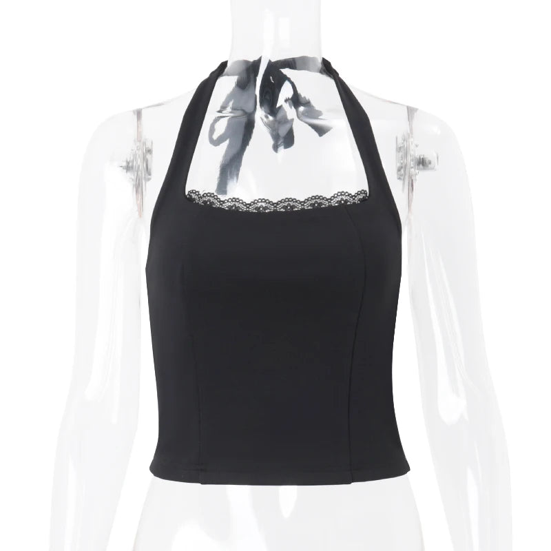 Candyhot Sexy Halter Solid Lace Edge Backless Sleeveless Causal Tank Top Y2K Summer Fashion Sweet Cute Daily Streetwear New Vest