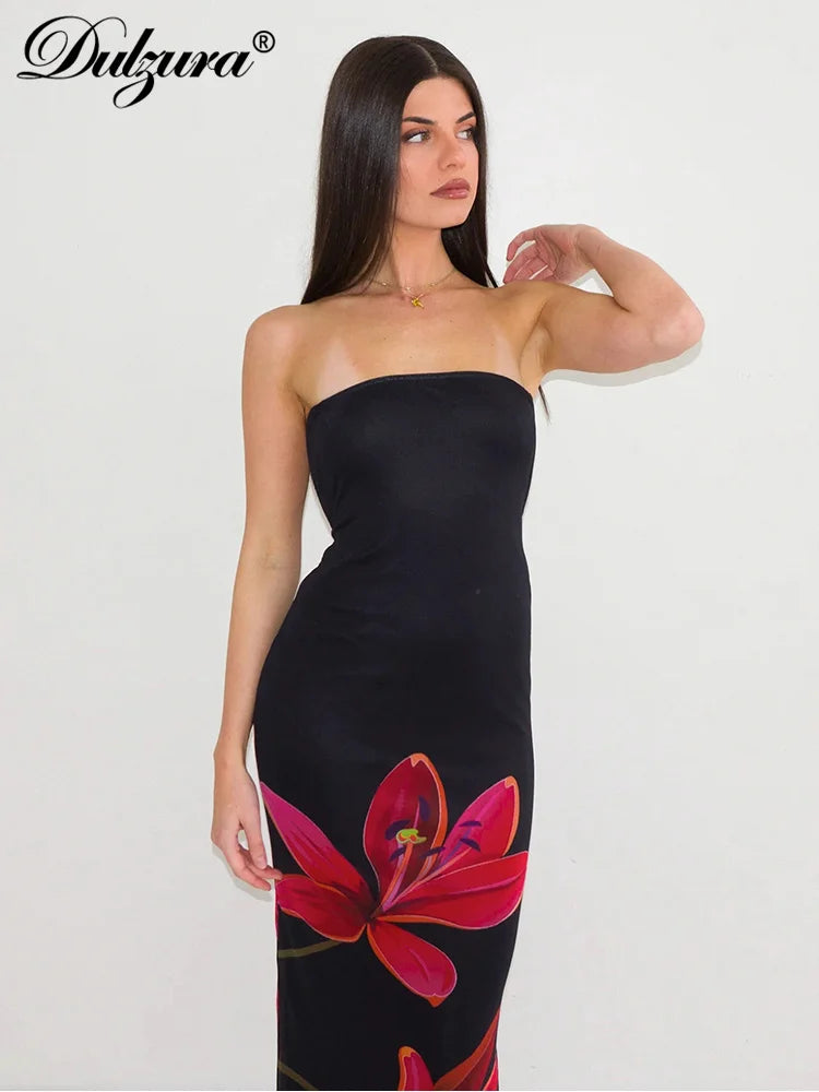 Dulzura Sleeveless Flower Print Tube Bodycon Midi Dress Backless Lace Up Elegant Sexy Outfit Party Club Autumn Winter