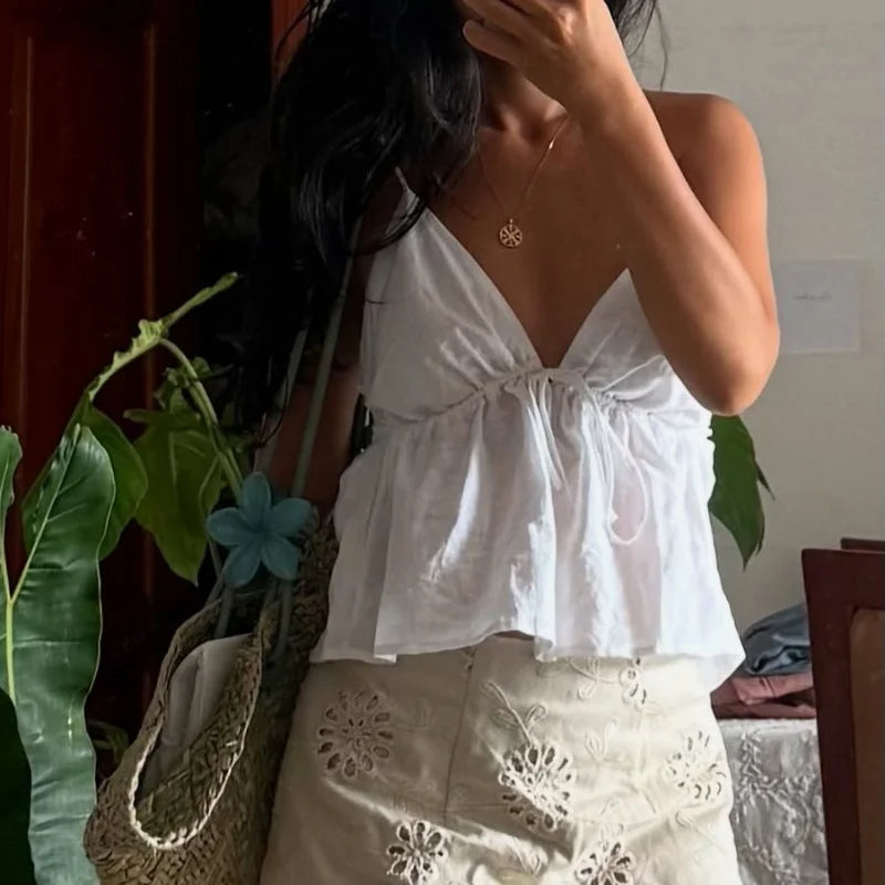 WhereMery Sexy Off Shoulder V-neck Backless Solid Crop Tops Y2K Casual Sleeveless Slim Tank Top Fashion New Daily Women Camisole