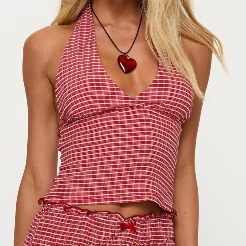Women Sexy Halter Deep V Neck Top Slim Fit Backless Crop Tank Top Y2k Polka Dot Open Back Sleeveless Cami Tops