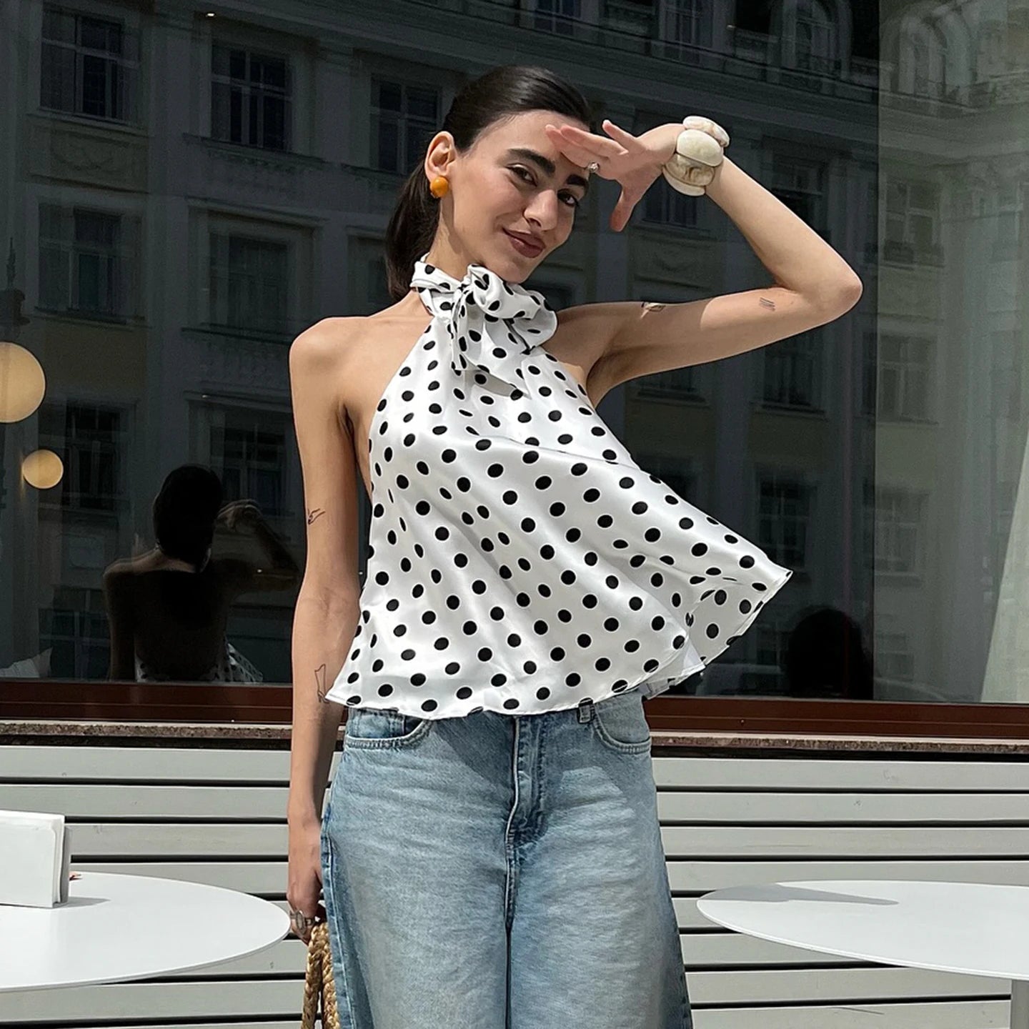Combhasaki Women Summer Vintage Polka Dot Print Ruffle Vest Big Bow Tied Halter Choker Neck Tied Backless Silky Sleeveless Shirt